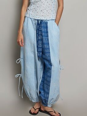 POL Baby Blue Floral Etched print Side Tie Detail Jogger Pants